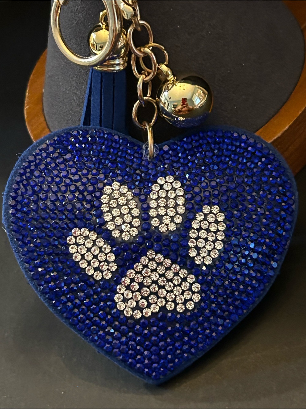 PREMIUM Puffy Blue Heart Paw 🐾 Padded Crystal Bag Charm Keychain w/Gold Clasps